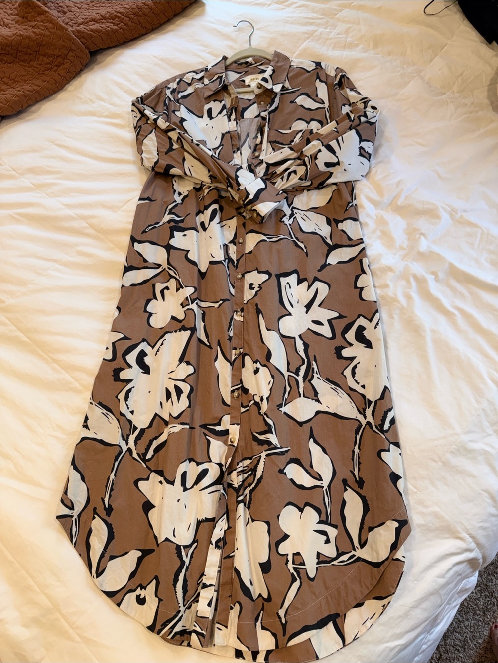 Anthropologie Brown Floral Midi Shirt Dress with White & Black Print
